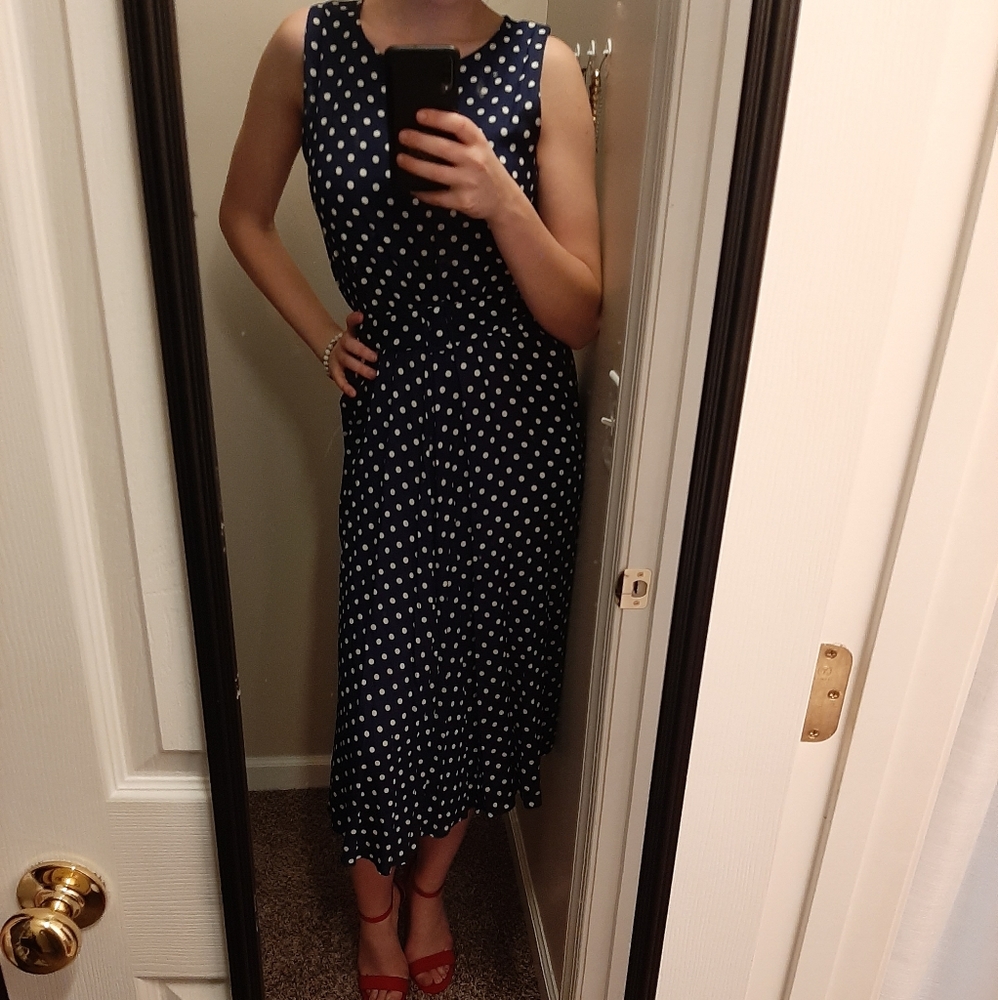 Vintage Blue Polka Dot Midi Dress (M)